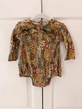 Floral Long Sleeve Baby Romper - Green, Mustard & Brown